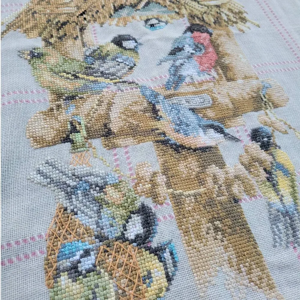Vtg Handmade Needlepoint Cross Stitch Throw Blanket Birdhouse Birds Fringe